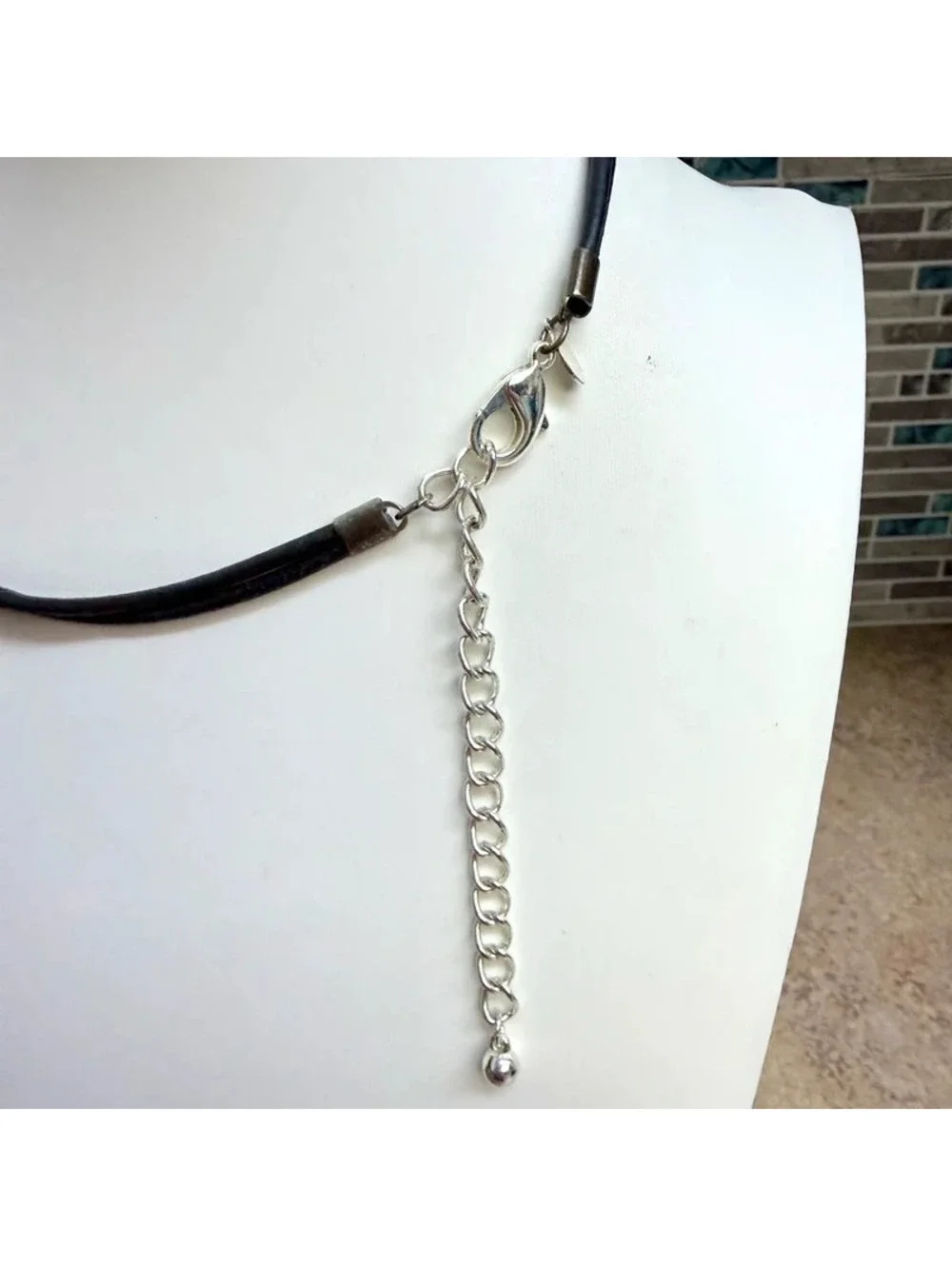 Chico's Silver Tone Double Open Circle Pendant Necklace Black Cord Statement